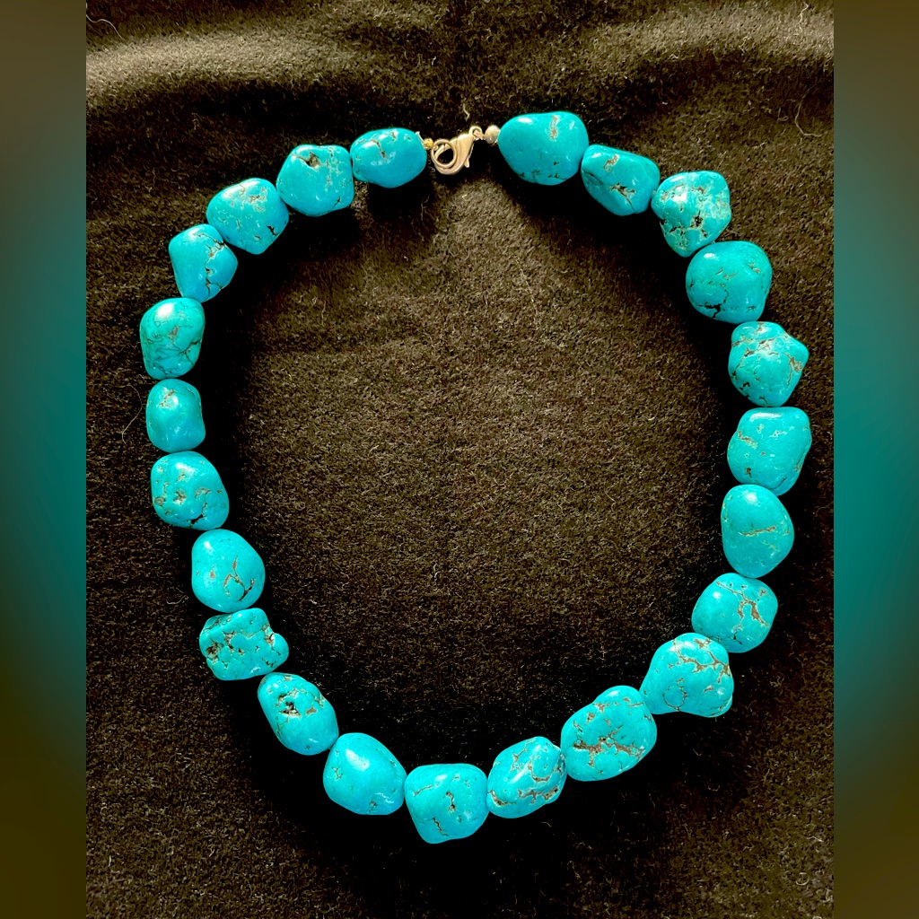 Real Turquoise Blue Beaded Natural Stone Necklace Silver Clasp 16” Nwot New!